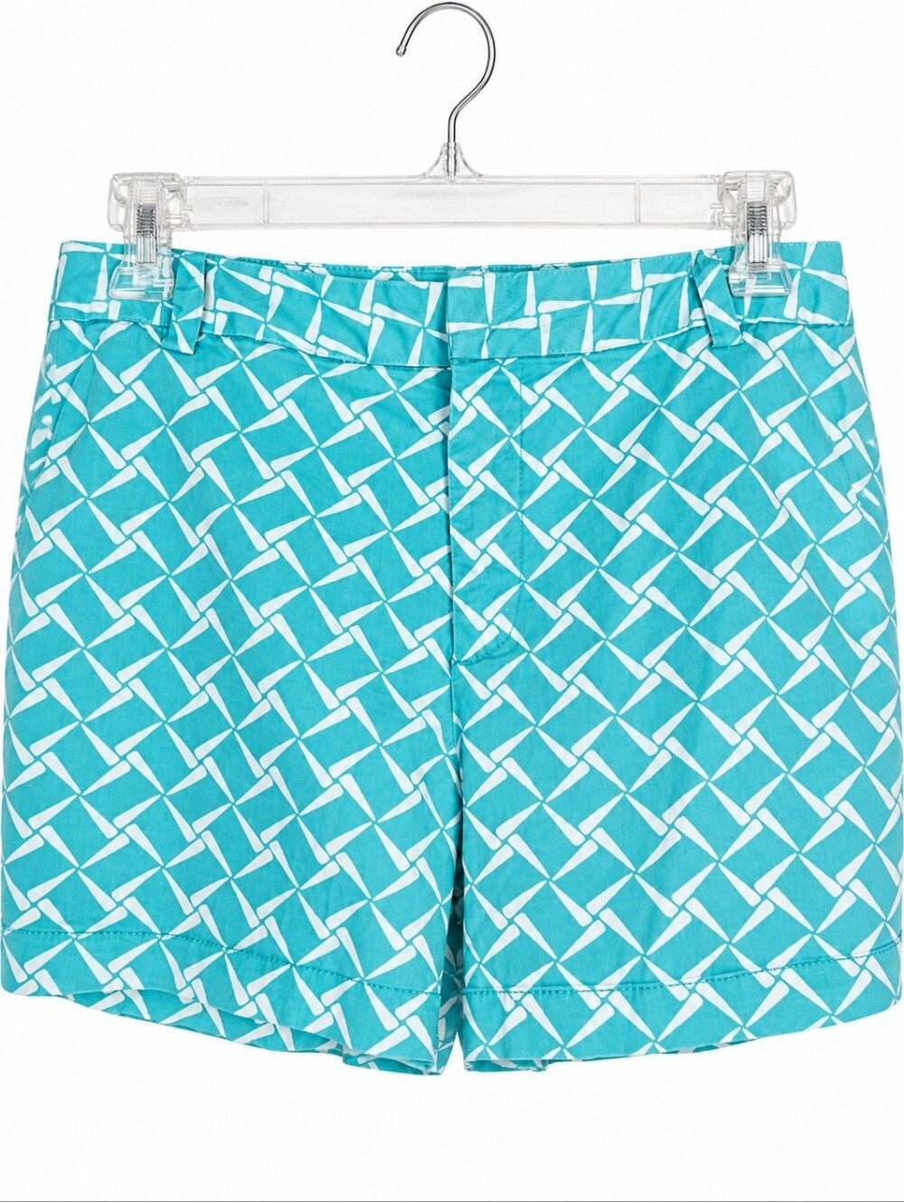 JCP Women’s Teal Geometric Print Shorts Size 16 4” Inseam Cotton Stretch Chino
